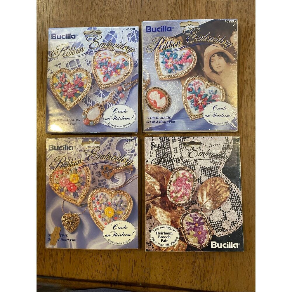 NEW Bucilla Ribbon Embroidery Brooch 4 kits 8 Pins